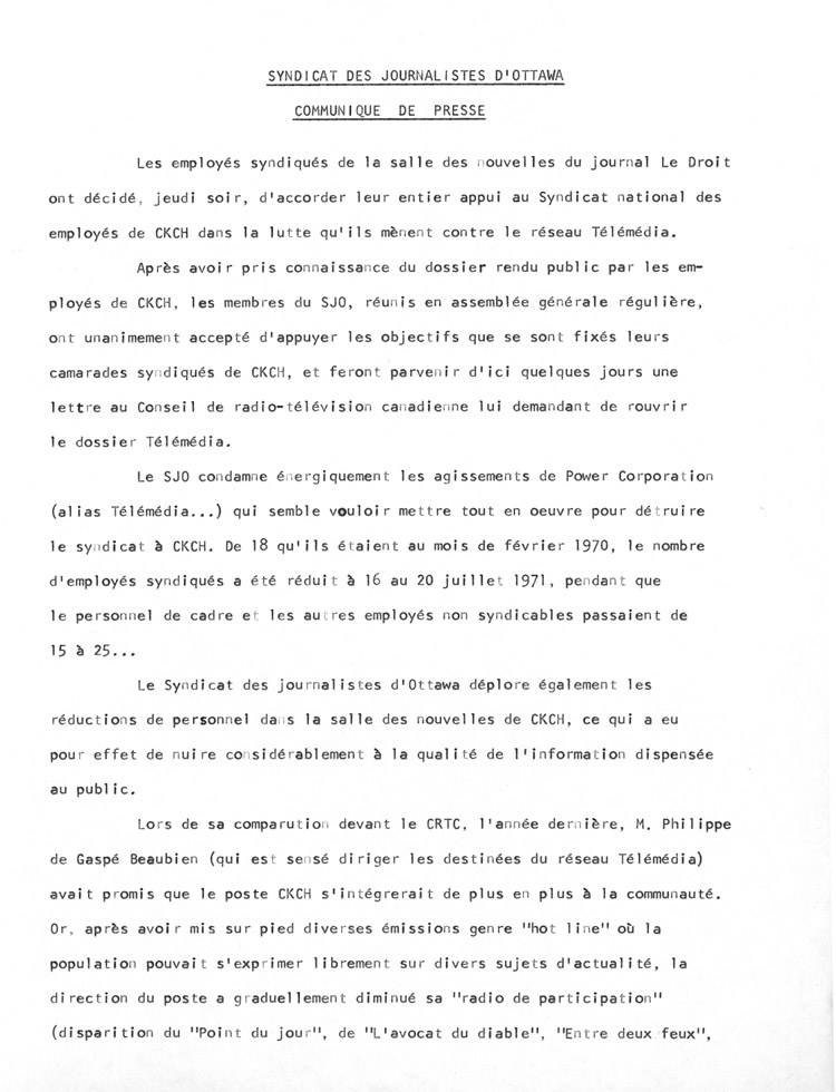 Communiqu&eacute; du Syndicat des journalistes d'Ottawa