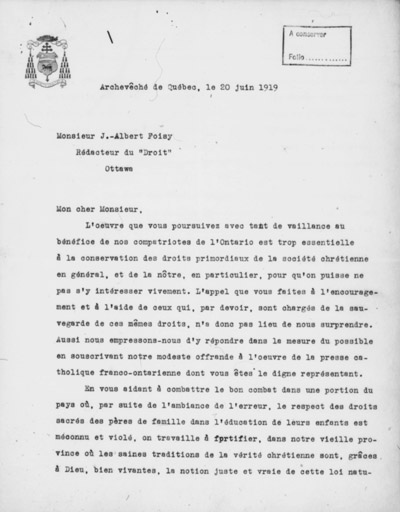 Lettre du cardinal Louis-Nazaire B&eacute;gin