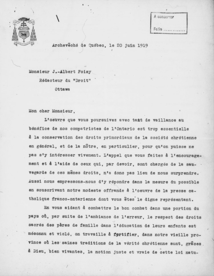 Lettre du cardinal Louis-Nazaire B&eacute;gin