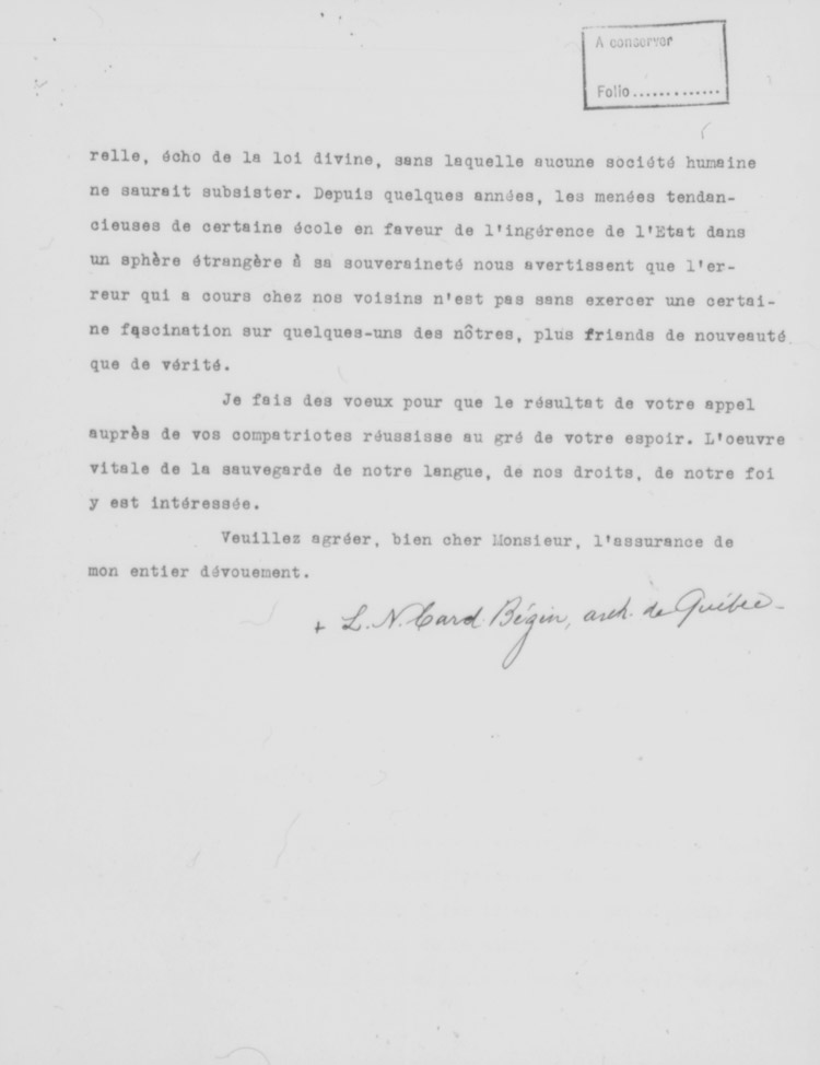 Lettre du cardinal Louis-Nazaire B&eacute;gin