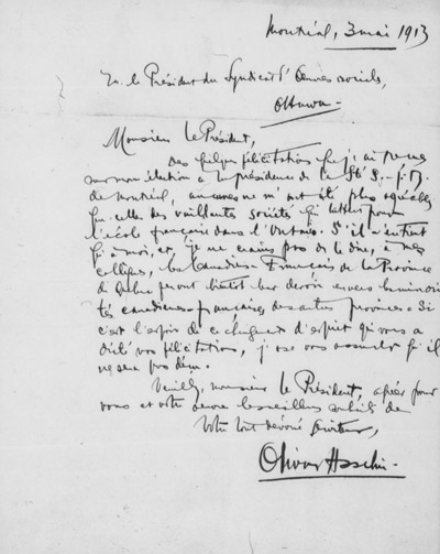 Lettre d'Olivar Asselin