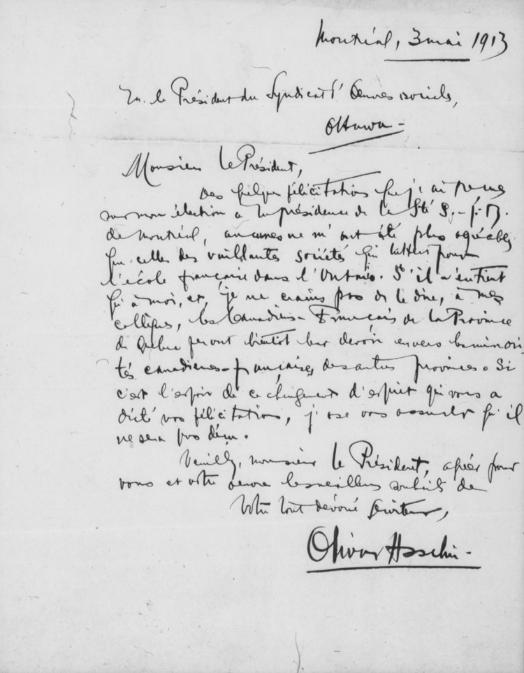 Lettre d'Olivar Asselin