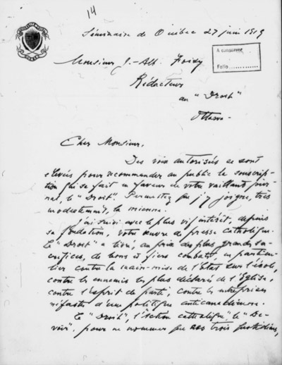 Lettre de Mgr Louis-Adolphe Paquet