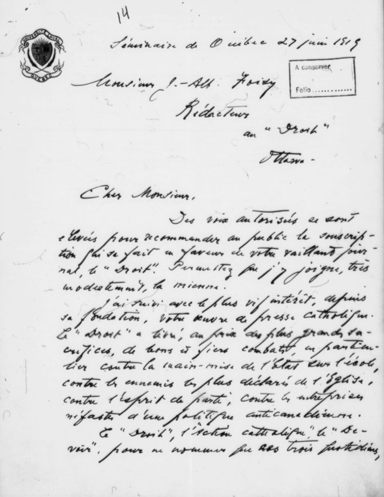 Lettre de Mgr Louis-Adolphe Paquet