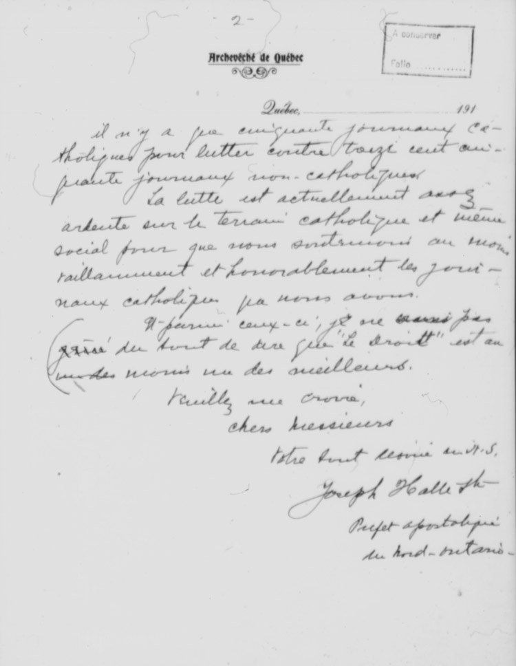 Lettre de Mgr Joseph Hall&eacute;