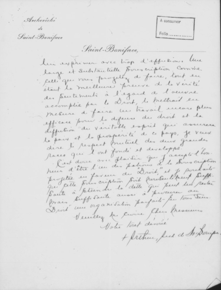 Lettre de Mgr Arthur B&eacute;liveau