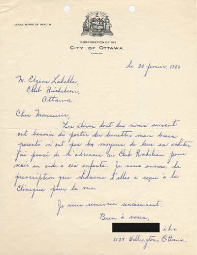 Lettre d'une infirmi&egrave;re de la ville d'Ottawa au club Richelieu Ottawa-Hull, 1950