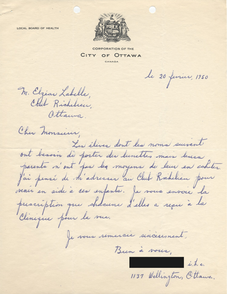 Lettre d'une infirmi&egrave;re de la ville d'Ottawa au club Richelieu Ottawa-Hull, 1950