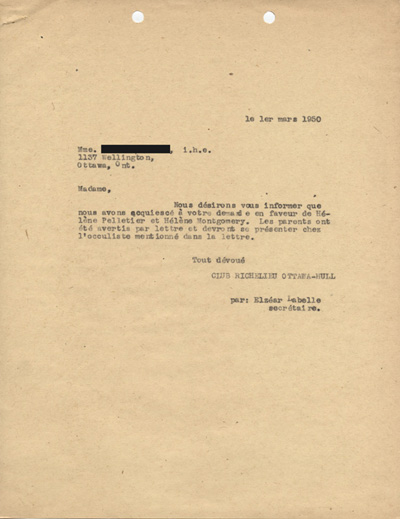 R&eacute;ponse du club Richelieu concernant une demande faite au nom de deux enfants pour des lunettes, 1950