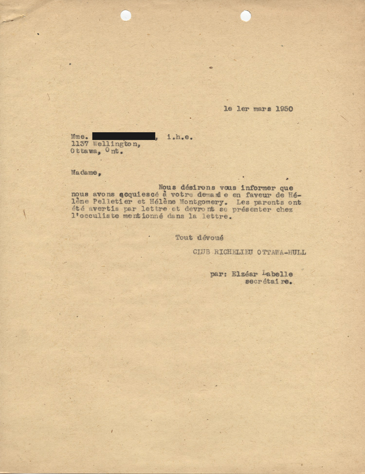 R&eacute;ponse du club Richelieu concernant une demande faite au nom de deux enfants pour des lunettes, 1950