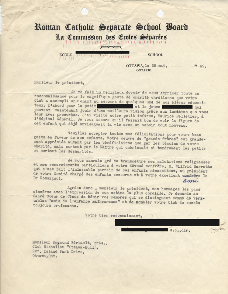 Lettre de remerciements par le directeur d'une &eacute;cole de la Commission des &eacute;coles s&eacute;par&eacute;es, 1949