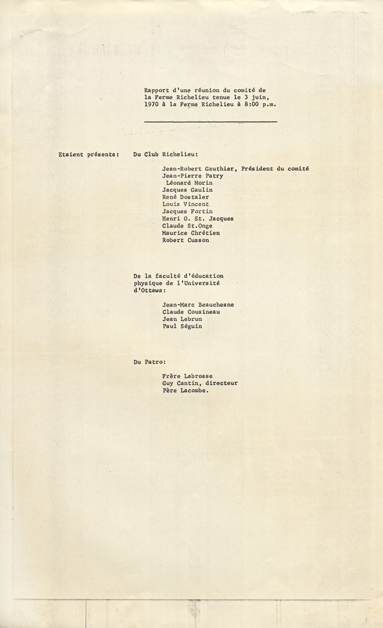 Rapport d'une r&eacute;union du Comit&eacute; de la Ferme Richelieu, 1970
