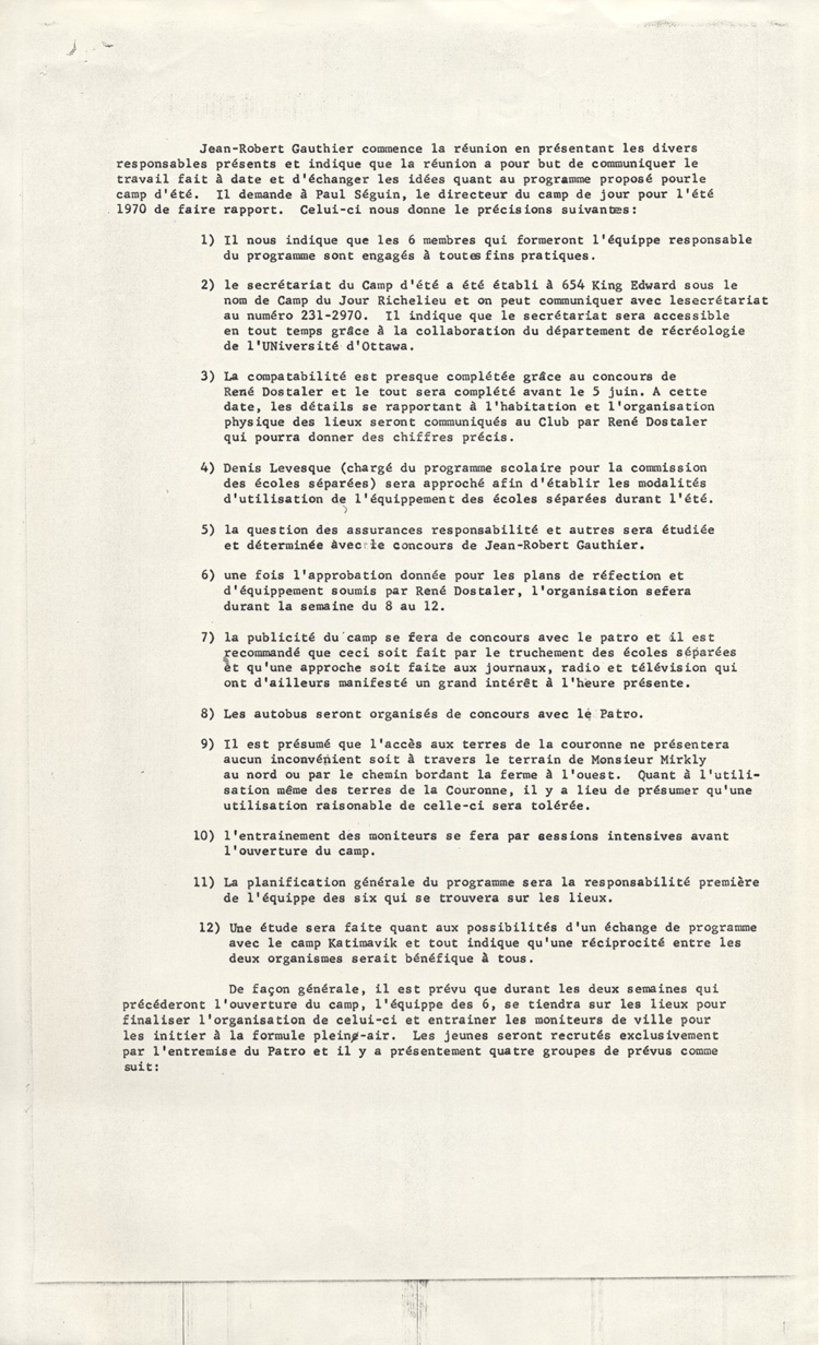 Rapport d'une r&eacute;union du Comit&eacute; de la Ferme Richelieu, 1970