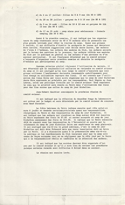 Rapport d'une r&eacute;union du Comit&eacute; de la Ferme Richelieu, 1970