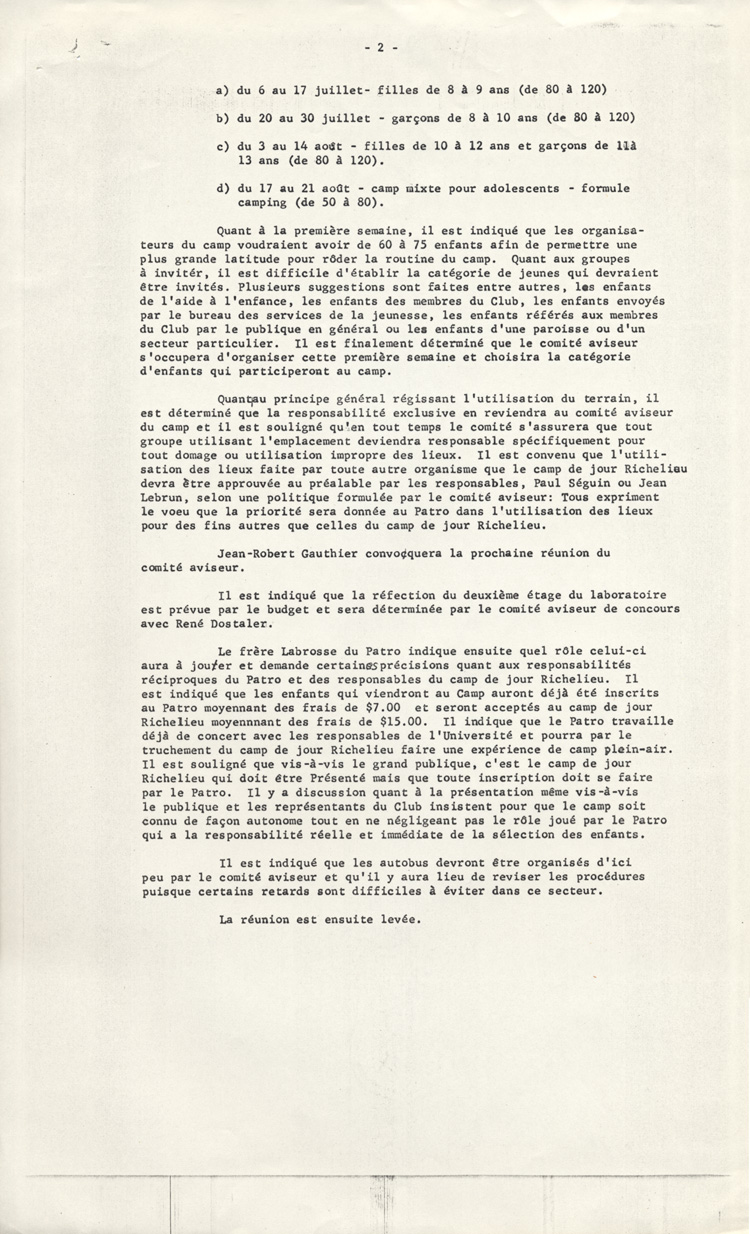 Rapport d'une r&eacute;union du Comit&eacute; de la Ferme Richelieu, 1970