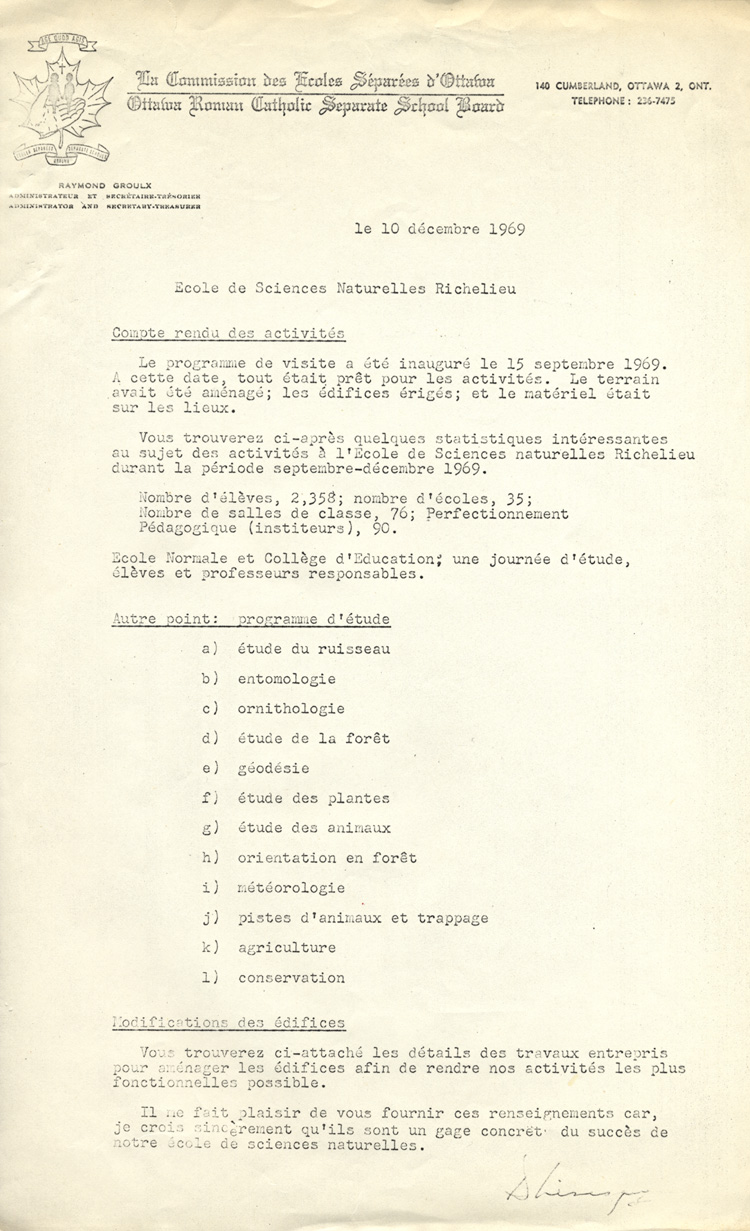 Compte rendu des activit&eacute;s de l'&Eacute;cole des sciences naturelles Richelieu, 1969