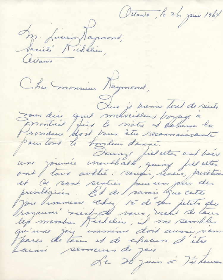 Lettre de remerciements adress&eacute;e au club Richelieu Ottawa pour une contribution financi&egrave;re, 1964
