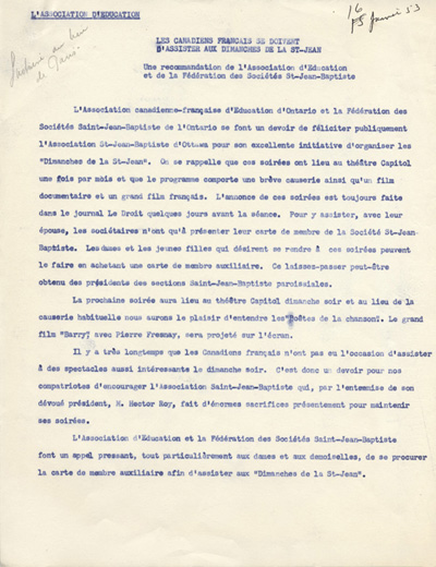 Reproduction d'une lettre circulaire de l'Association canadienne-fran&ccedil;aise d'&eacute;ducation d'Ontario au sujet des Dimanches de la Saint-Jean, 15 janvier 1953.