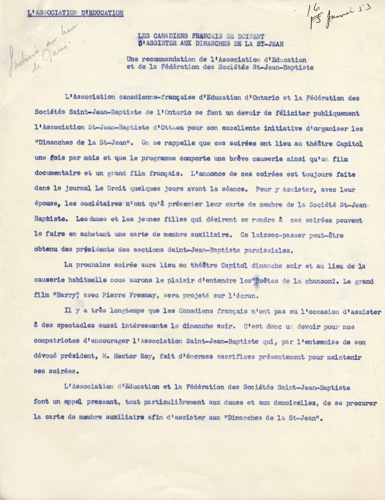 Reproduction d'une lettre circulaire de l'Association canadienne-fran&ccedil;aise d'&eacute;ducation d'Ontario au sujet des Dimanches de la Saint-Jean, 15 janvier 1953.