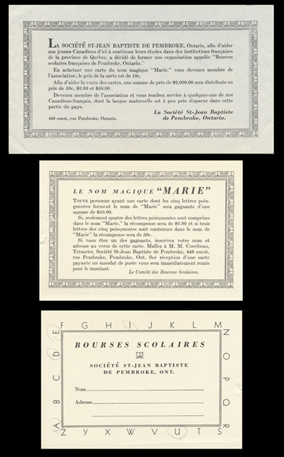 Reproduction d'une carte et d'une enveloppe de la loterie organis&eacute;e par la Soci&eacute;t&eacute; Saint-Jean-Baptiste de Pembroke (Ontario) pour des bourses d'&eacute;tudes, [195-?].