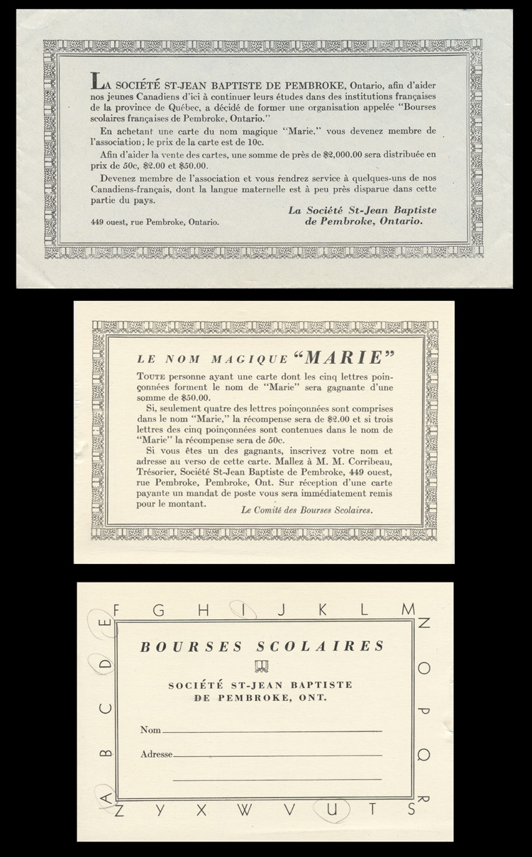 Reproduction d'une carte et d'une enveloppe de la loterie organis&eacute;e par la Soci&eacute;t&eacute; Saint-Jean-Baptiste de Pembroke (Ontario) pour des bourses d'&eacute;tudes, [195-?].