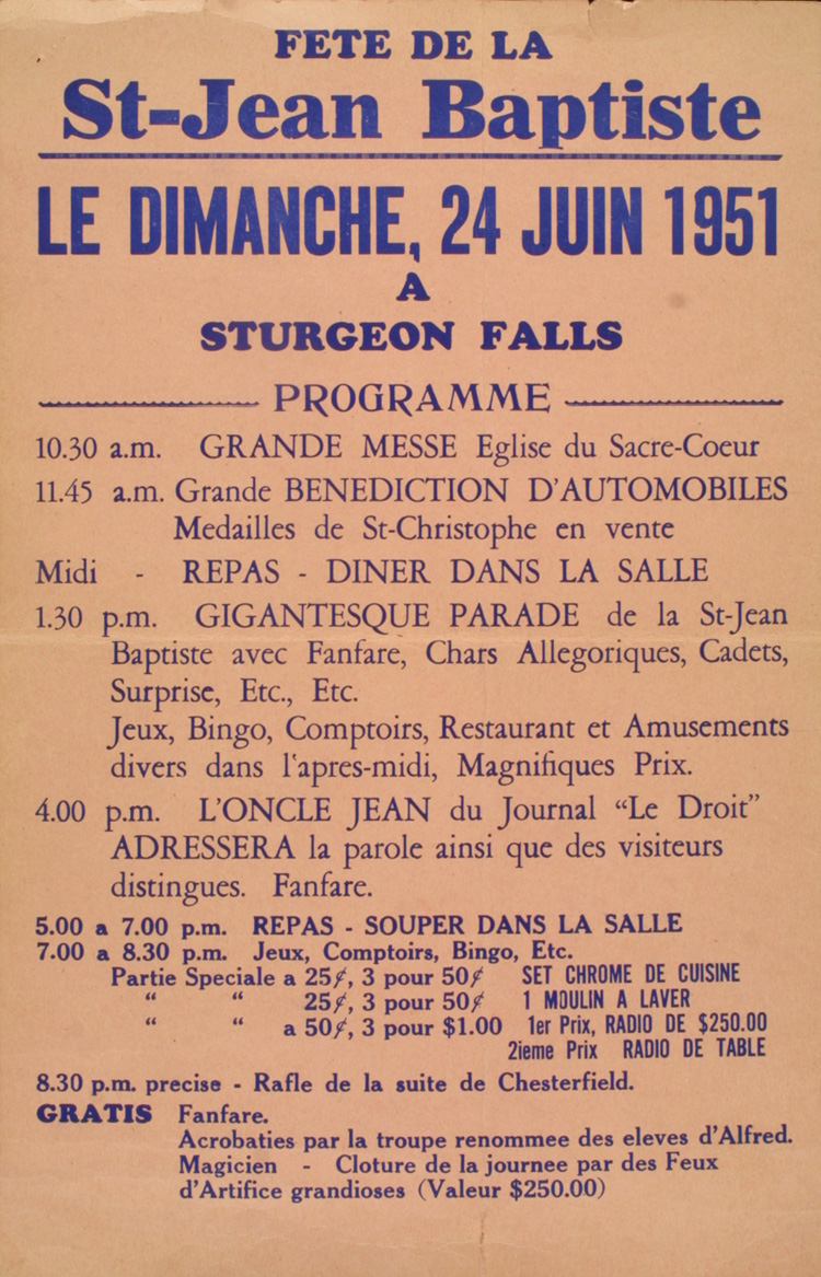 Reproduction d'une affiche des activit&eacute;s de la Saint-Jean-Baptiste &agrave; Sturgeon Falls (Ontario), le 24 juin 1951, 1951.
