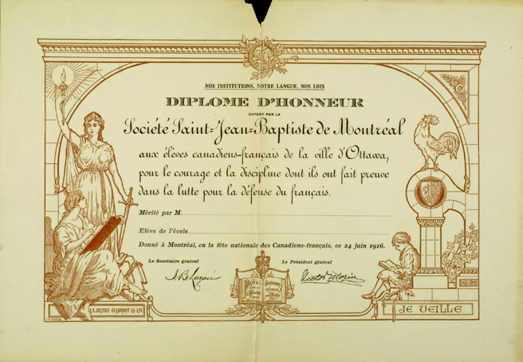 Reproduction d'un formulaire d'un diplôme d'honneur offert par la Société Saint-Jean-Baptiste de Montréal aux élèves canadiens-français d'Ottawa, 24 juin 1916.