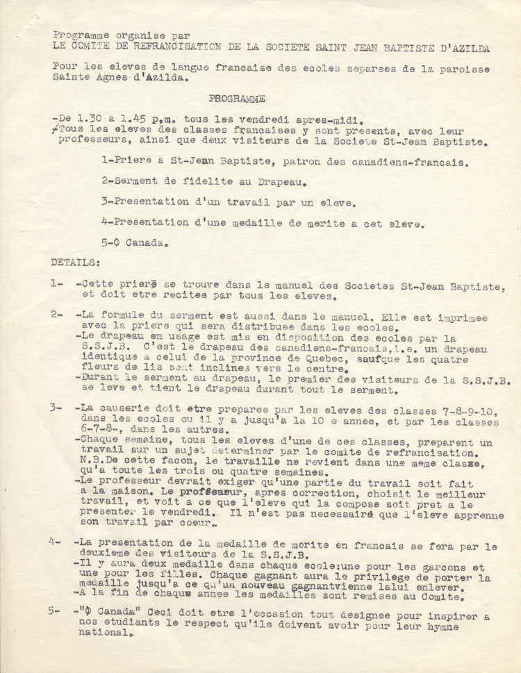 Reproduction de la premi&egrave;re page du programme du Comit&eacute; de refrancisation de la Soci&eacute;t&eacute; Saint-Jean-Baptiste d'Azilda (Ontario), 1957.
