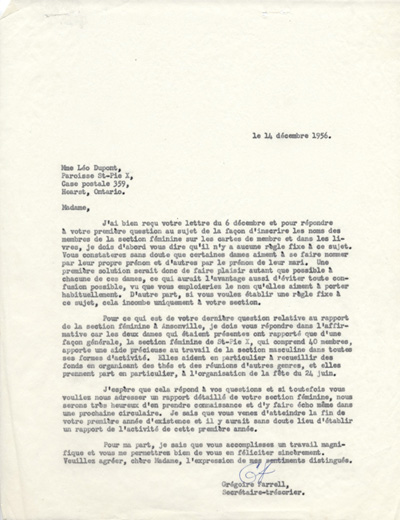 Reproduction du rapport d'une visite de Louis Charbonneau de la F&eacute;d&eacute;ration des soci&eacute;t&eacute;s Saint-Jean-Baptiste de l'Ontario dans la r&eacute;gion de Hearst (Ontario), 25 juin 1957.