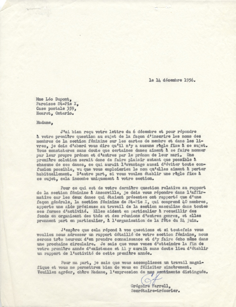 Reproduction du rapport d'une visite de Louis Charbonneau de la F&eacute;d&eacute;ration des soci&eacute;t&eacute;s Saint-Jean-Baptiste de l'Ontario dans la r&eacute;gion de Hearst (Ontario), 25 juin 1957.
