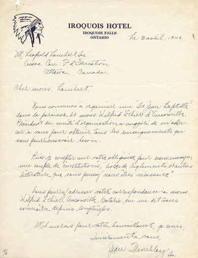 Reproduction d'une lettre de Jean Tremblay &agrave; L&eacute;opold Lambert de l'Association canadienne-fran&ccedil;aise d'&eacute;ducation d'Ontario, 3 avril 1943.