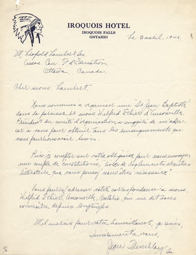 Reproduction d'une lettre de Jean Tremblay à Léopold Lambert de l'Association canadienne-française d'éducation d'Ontario, 3 avril 1943.