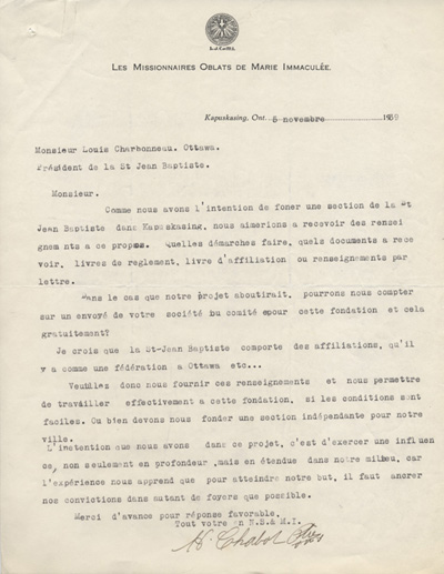 Reproduction d'une lettre de H. Chabot, pr&ecirc;tre &agrave; Kapuskasing (Ontario), &agrave; Louis Charbonneau, pr&eacute;sident de la F&eacute;d&eacute;ration des soci&eacute;t&eacute;s Saint-Jean-Baptiste de l'Ontario, 5 novembre 1939.