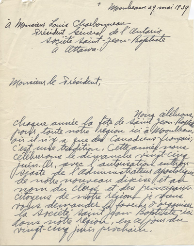 Reproduction de la premi&egrave;re page d'une lettre de Jules Cimon, cur&eacute; de Moombeam (Ontario), &agrave; Louis Charbonneau, pr&eacute;sident de la F&eacute;d&eacute;ration des soci&eacute;t&eacute;s Saint-Jean-Baptiste de l'Ontario, 29 mai 1939.