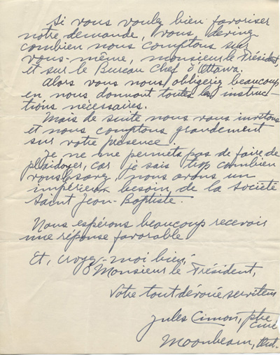 Reproduction de la deuxi&egrave;me page d'une lettre de Jules Cimon, cur&eacute; de Moombeam (Ontario), &agrave; Louis Charbonneau, pr&eacute;sident de la F&eacute;d&eacute;ration des soci&eacute;t&eacute;s Saint-Jean-Baptiste de l'Ontario, 29 mai 1939.