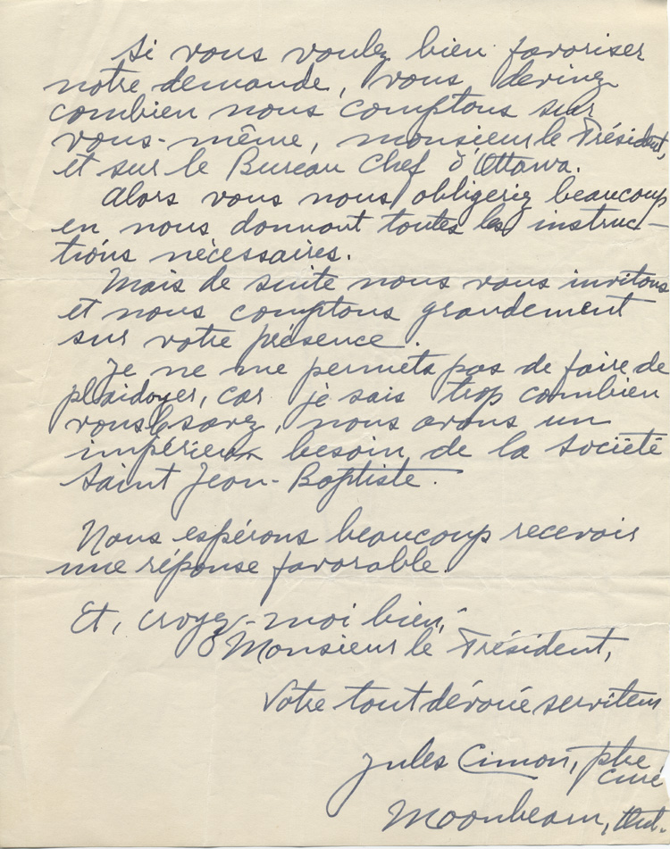 Reproduction de la deuxi&egrave;me page d'une lettre de Jules Cimon, cur&eacute; de Moombeam (Ontario), &agrave; Louis Charbonneau, pr&eacute;sident de la F&eacute;d&eacute;ration des soci&eacute;t&eacute;s Saint-Jean-Baptiste de l'Ontario, 29 mai 1939.