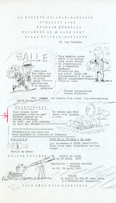 Reproduction d'une affiche de la r&eacute;union g&eacute;n&eacute;rale du 12 mars 1967 de la Soci&eacute;t&eacute; Saint-Jean-Baptiste d'Elliot Lake (Ontario), 1967.