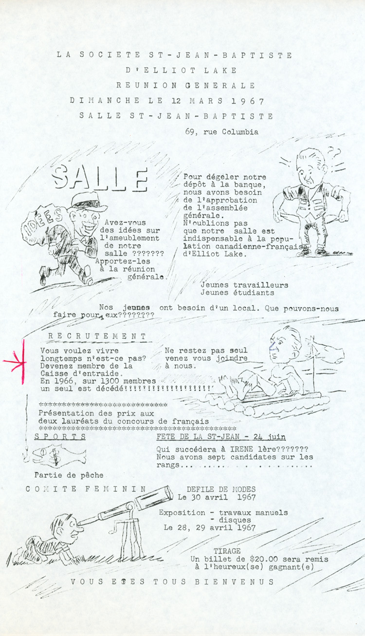 Reproduction d'une affiche de la r&eacute;union g&eacute;n&eacute;rale du 12 mars 1967 de la Soci&eacute;t&eacute; Saint-Jean-Baptiste d'Elliot Lake (Ontario), 1967.