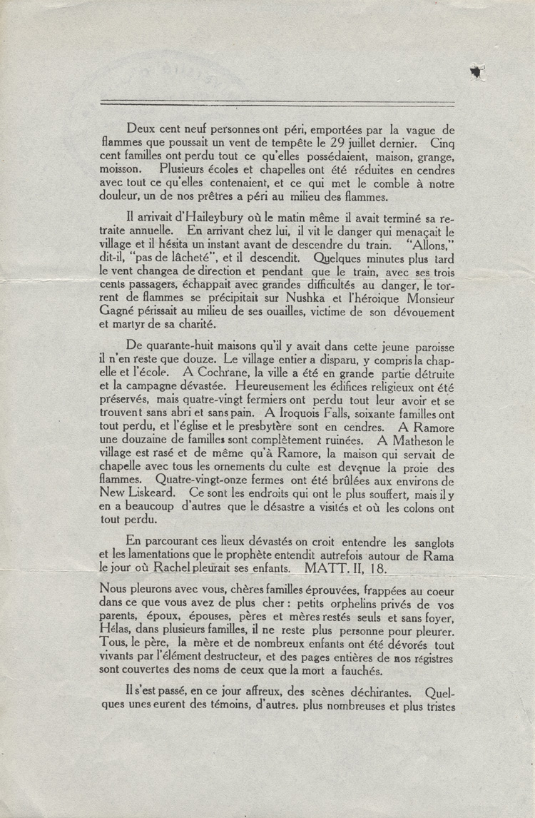 Reproduction de la deuxi&egrave;me page de la lettre pastorale de Mgr &Eacute;lie-Anicet Latulipe, &eacute;v&ecirc;que de Haileybury (Ontario), concernant les feux de for&ecirc;t dans le Nord de l'Ontario, 1916.