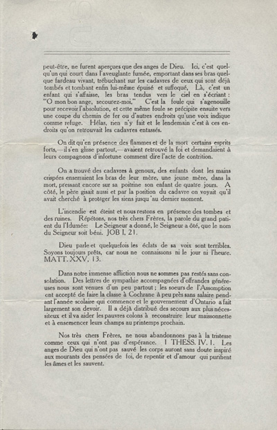Reproduction de la troisi&egrave;me page de la lettre pastorale de Mgr &Eacute;lie-Anicet Latulipe, &eacute;v&ecirc;que de Haileybury (Ontario), concernant les feux de for&ecirc;t dans le Nord de l'Ontario, 1916.