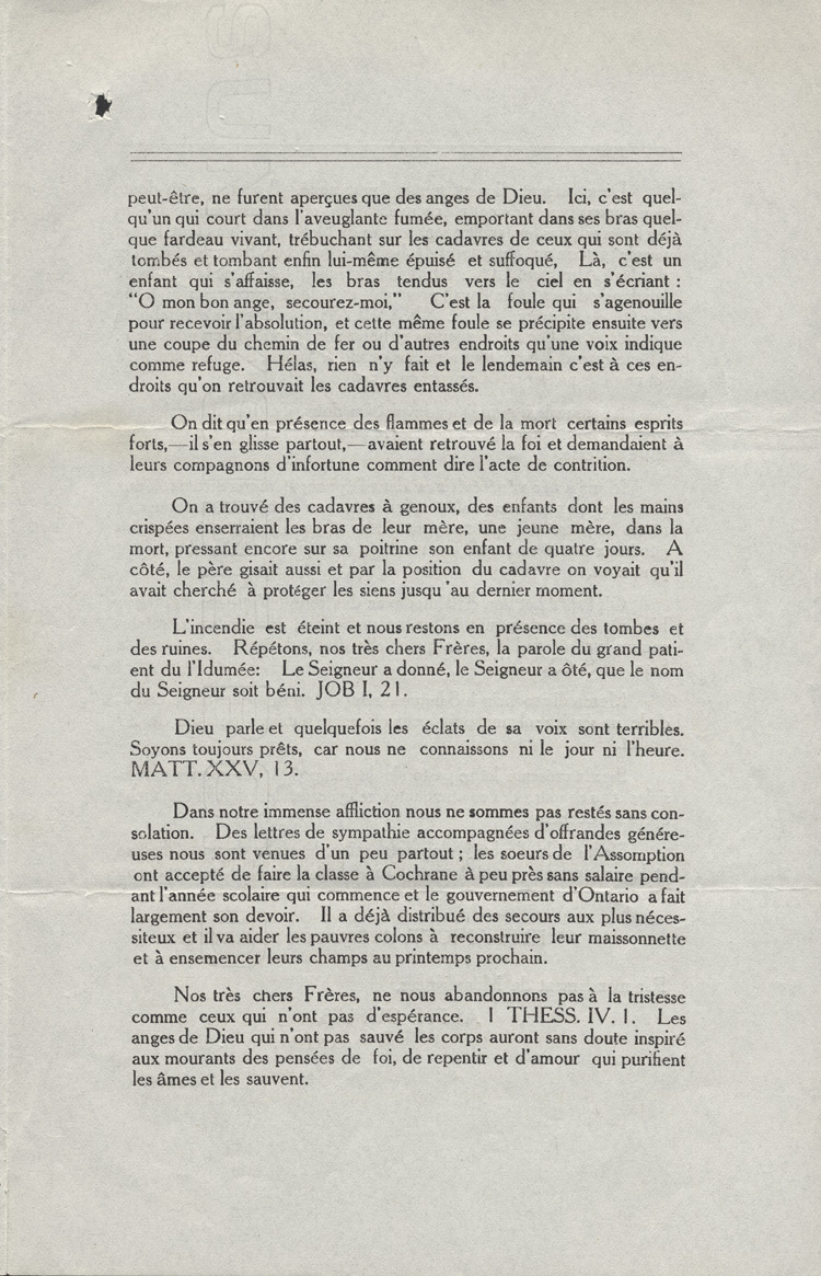 Reproduction de la troisi&egrave;me page de la lettre pastorale de Mgr &Eacute;lie-Anicet Latulipe, &eacute;v&ecirc;que de Haileybury (Ontario), concernant les feux de for&ecirc;t dans le Nord de l'Ontario, 1916.