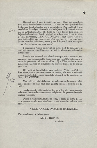 Reproduction de la quatri&egrave;me page de la lettre pastorale de Mgr &Eacute;lie-Anicet Latulipe, &eacute;v&ecirc;que de Haileybury (Ontario), concernant les feux de for&ecirc;t dans le Nord de l'Ontario, 1916.