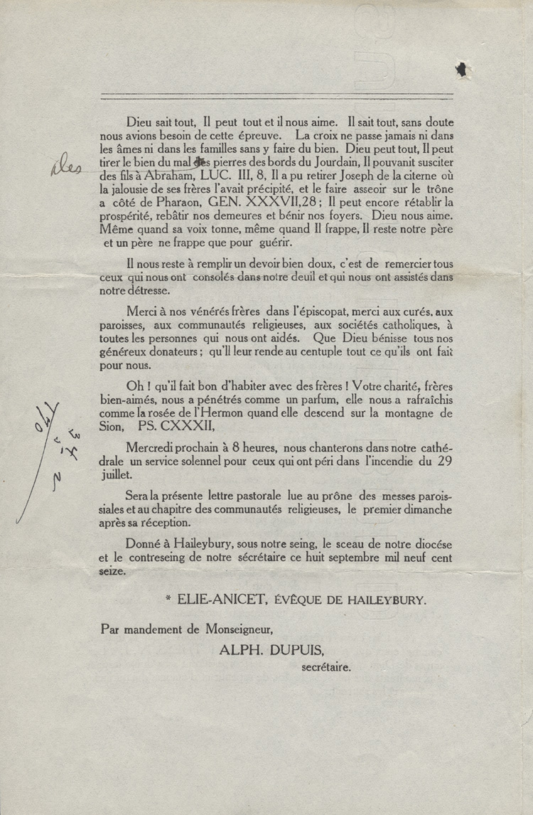 Reproduction de la quatri&egrave;me page de la lettre pastorale de Mgr &Eacute;lie-Anicet Latulipe, &eacute;v&ecirc;que de Haileybury (Ontario), concernant les feux de for&ecirc;t dans le Nord de l'Ontario, 1916.
