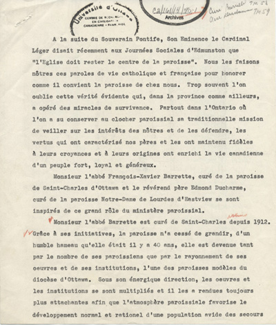 Reproduction de la premi&egrave;re page de l'allocution prononc&eacute;e lors de la remise, par l'Association canadienne-fran&ccedil;aise d'&eacute;ducation d'Ontario, de l'Ordre du m&eacute;rite scolaire franco-ontarien aux cur&eacute;s Fran&ccedil;ois-Xavier Barrette et Edmond Ducharme, ca 1958.
