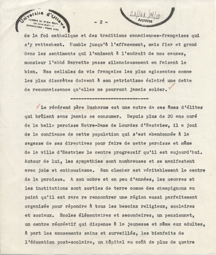 Reproduction de la deuxi&egrave;me page de l'allocution prononc&eacute;e lors de la remise, par l'Association canadienne-fran&ccedil;aise d'&eacute;ducation d'Ontario, de l'Ordre du m&eacute;rite scolaire franco-ontarien aux cur&eacute;s Fran&ccedil;ois-Xavier Barrette et Edmond Ducharme, ca 1958.