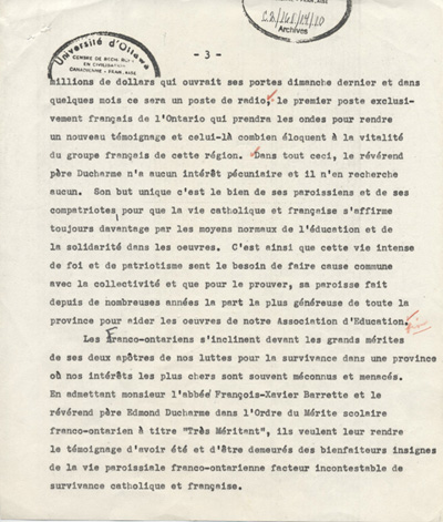 Reproduction de la troisi&egrave;me page de l'allocution prononc&eacute;e lors de la remise, par l'Association canadienne-fran&ccedil;aise d'&eacute;ducation d'Ontario, de l'Ordre du m&eacute;rite scolaire franco-ontarien aux cur&eacute;s Fran&ccedil;ois-Xavier Barrette et Edmond Ducharme, ca 1958.