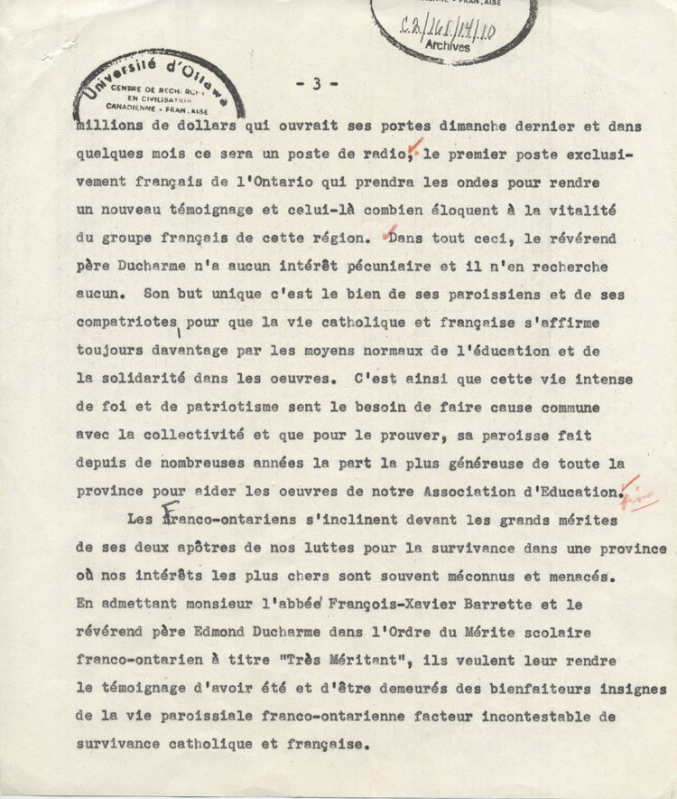 Reproduction de la troisi&egrave;me page de l'allocution prononc&eacute;e lors de la remise, par l'Association canadienne-fran&ccedil;aise d'&eacute;ducation d'Ontario, de l'Ordre du m&eacute;rite scolaire franco-ontarien aux cur&eacute;s Fran&ccedil;ois-Xavier Barrette et Edmond Ducharme, ca 1958.