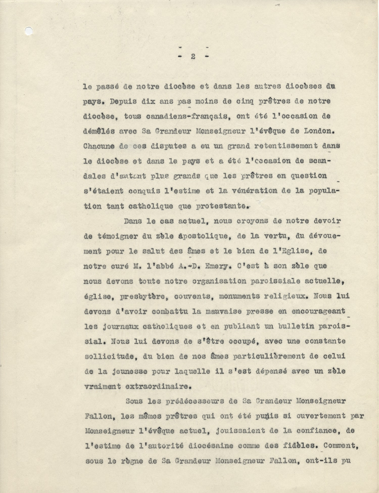 Reproduction de la deuxi&egrave;me page d'une lettre des paroissiens de Paincourt (Ontario) &agrave; sa saintet&eacute; le pape Benoit XV, au sujet des d&eacute;m&ecirc;l&eacute;s entre l'abb&eacute; Alfred Emery et Mgr Francis Fallon, &eacute;v&ecirc;que de London (Ontario), [1922?].