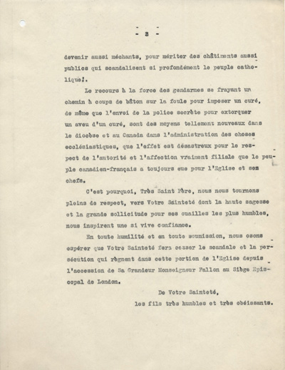 Reproduction de la troisi&egrave;me page d'une lettre des paroissiens de Paincourt (Ontario) &agrave; sa saintet&eacute; le pape Benoit XV, au sujet des d&eacute;m&ecirc;l&eacute;s entre l'abb&eacute; Alfred Emery et Mgr Francis Fallon, &eacute;v&ecirc;que de London (Ontario), [1922?].