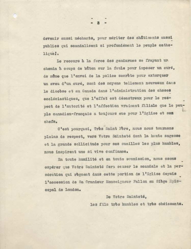 Reproduction de la troisi&egrave;me page d'une lettre des paroissiens de Paincourt (Ontario) &agrave; sa saintet&eacute; le pape Benoit XV, au sujet des d&eacute;m&ecirc;l&eacute;s entre l'abb&eacute; Alfred Emery et Mgr Francis Fallon, &eacute;v&ecirc;que de London (Ontario), [1922?].